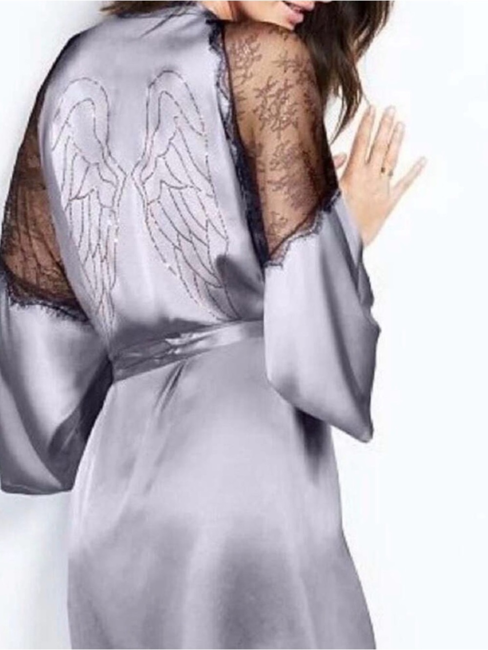 Victoria Secret Satin Angel Wing Robe with Black Lace Sleeves
